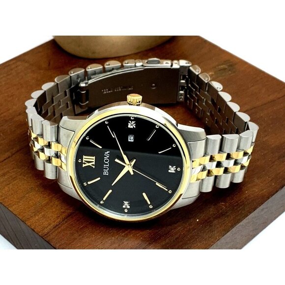 Bulova Men's Watch 98D163 Black Dial Diamond Accent Quartz Two Tone Steel - Picture 7 of 13
